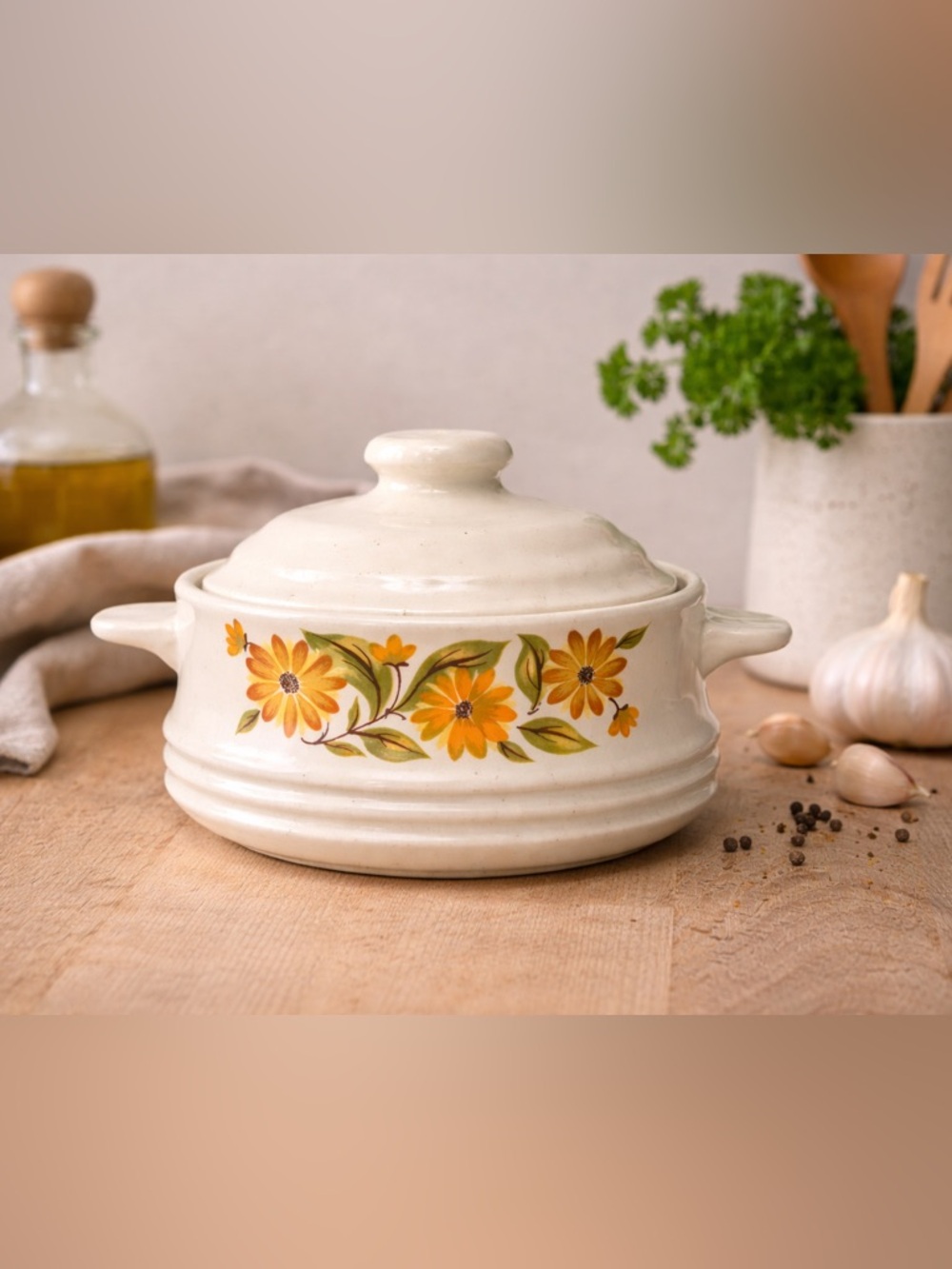 Vintage Capri Stoneware 6” Casserole Dish w Lid Floral Bake Serve